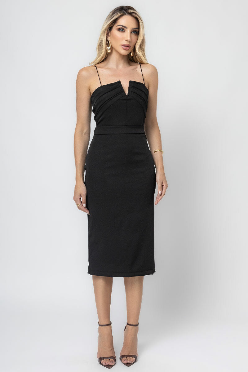 Midi Dress with Straps and V-Neckline