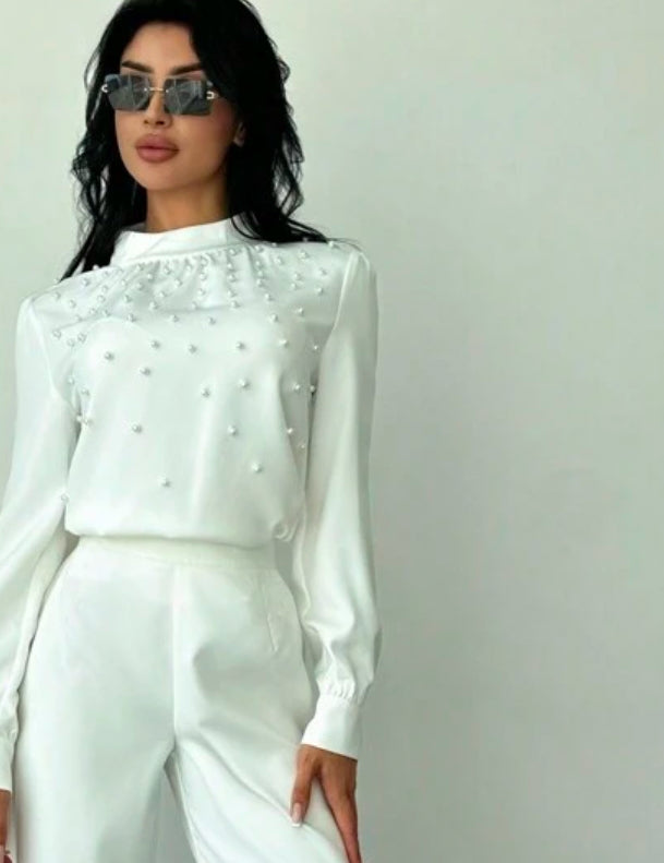 Long-Sleeve White Shirt with Pearl Details
