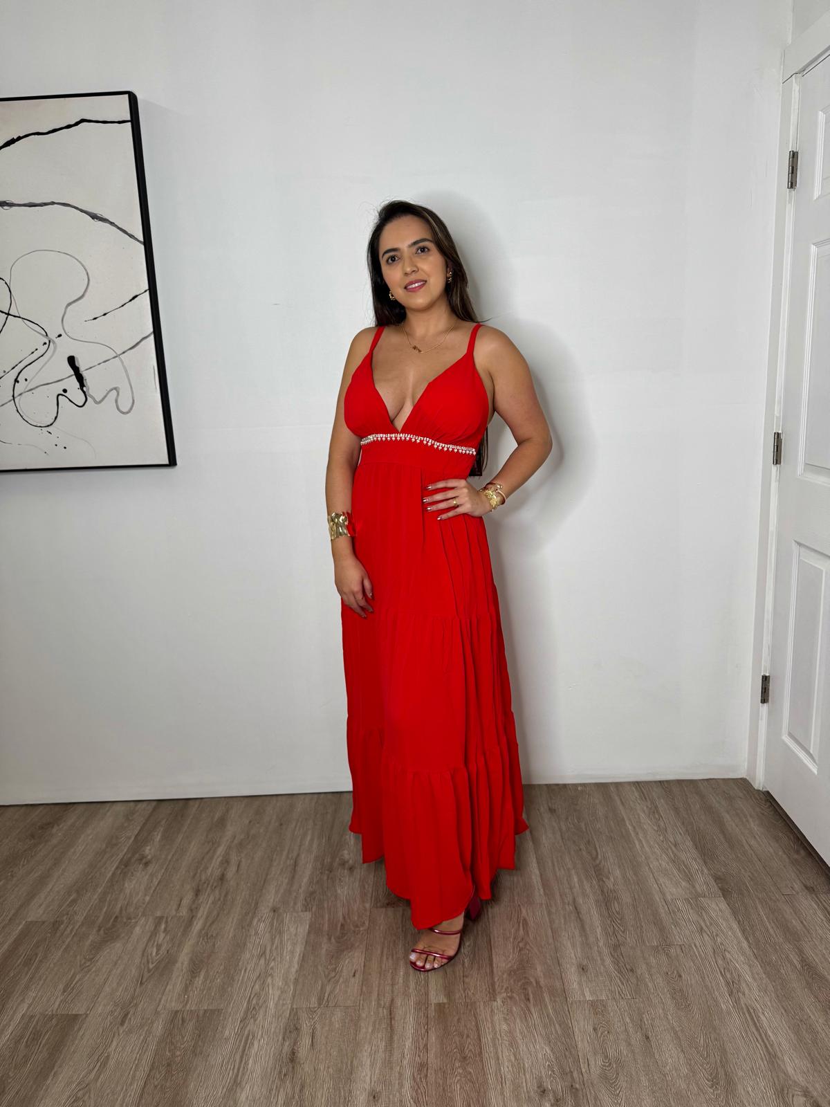 Elegant Long Dress with Rhinestone Belt