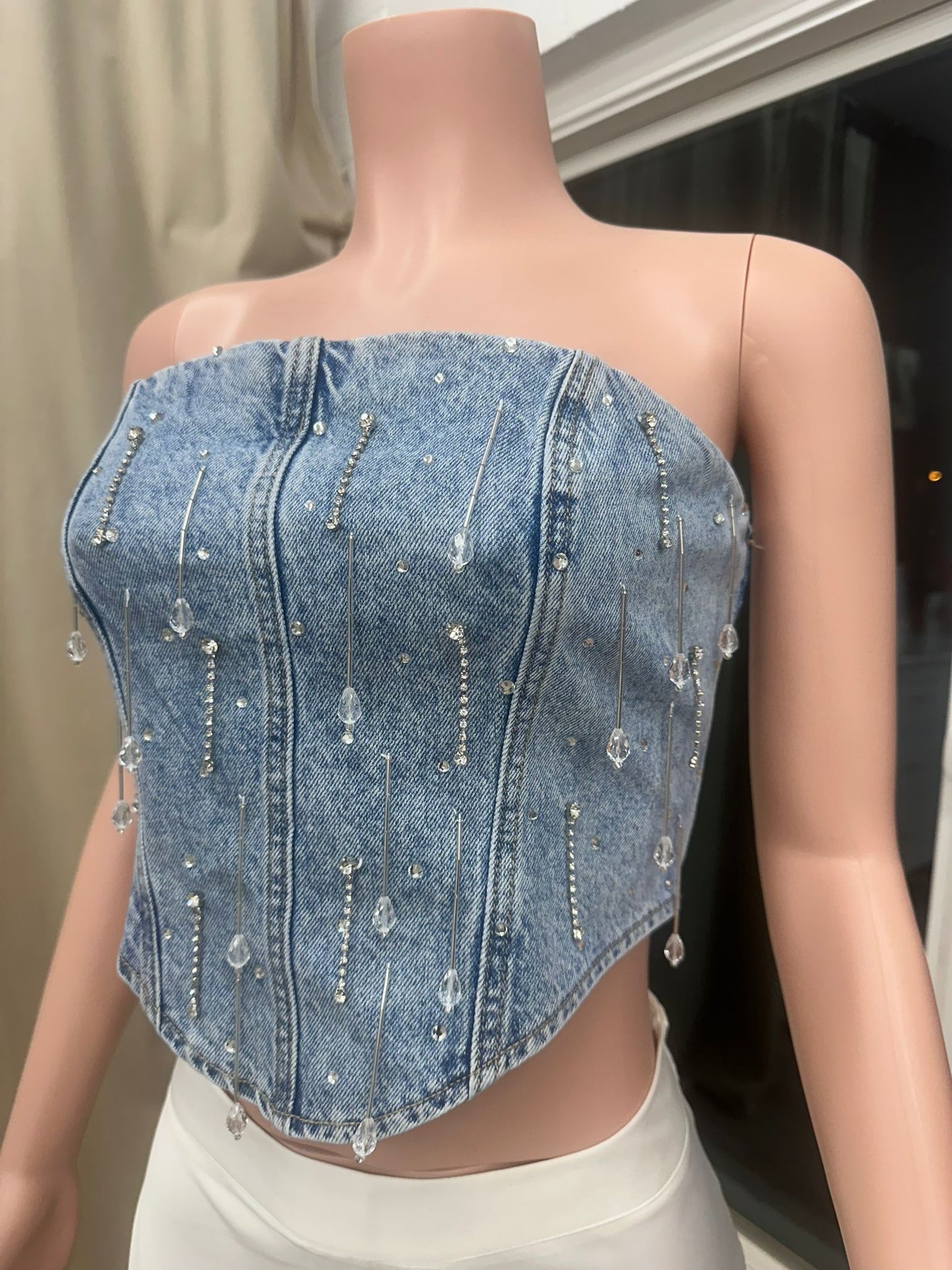 Strapless Beaded Embroidered Crop Top