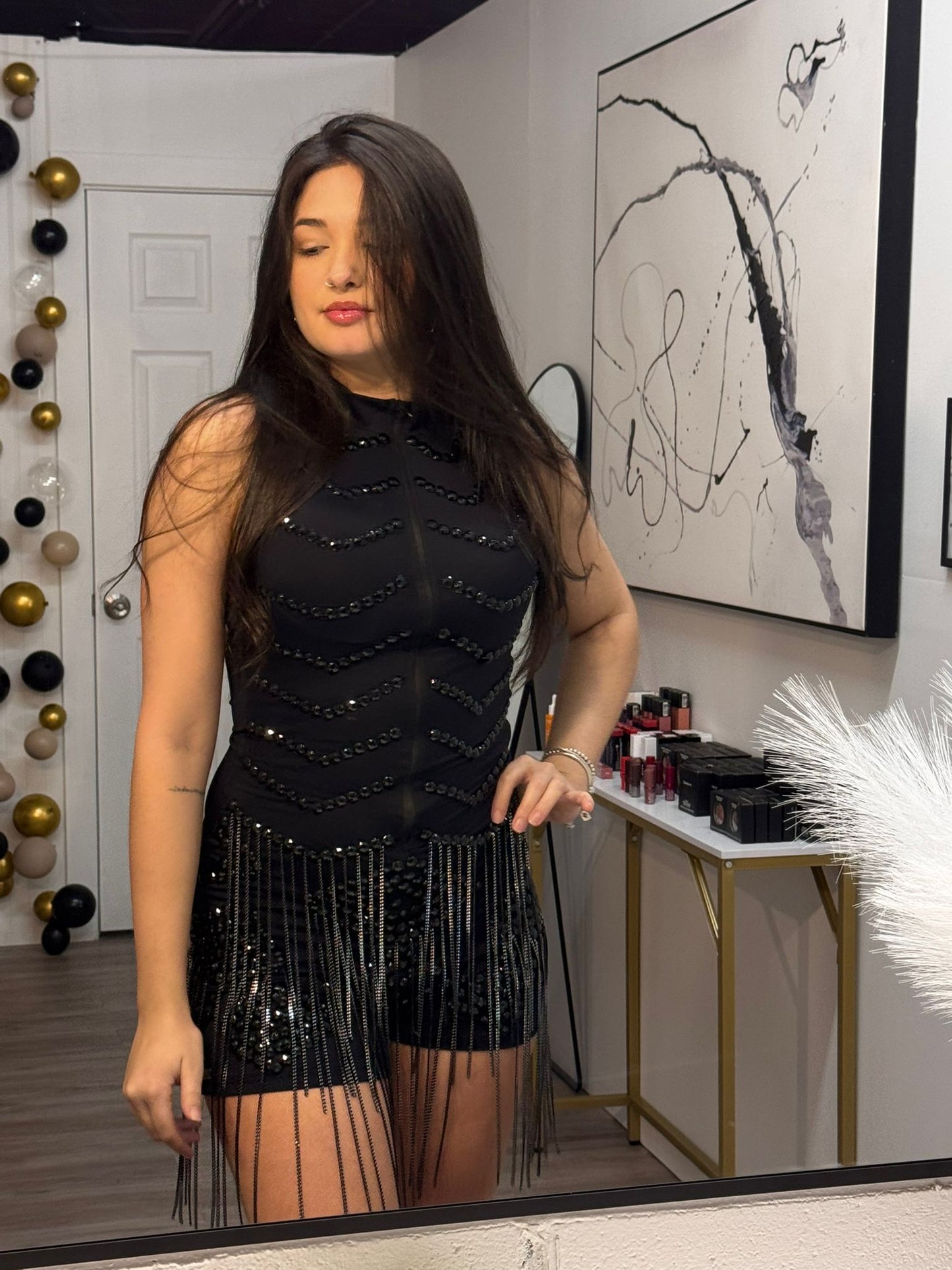 Black Short Party Romper with Beaded Details